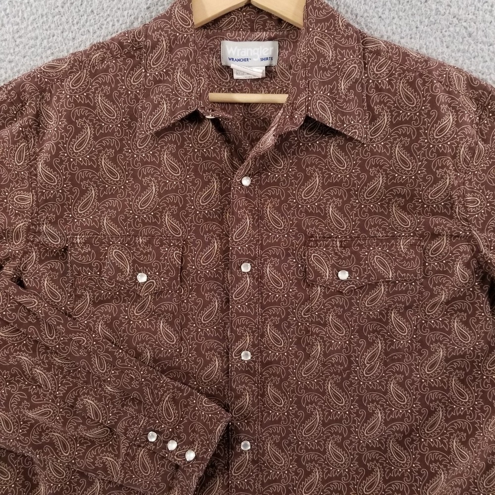 Wrangler Pearl Snap Shirt Men Large Brown Wrancher Paisley Western Rodeo Bandana